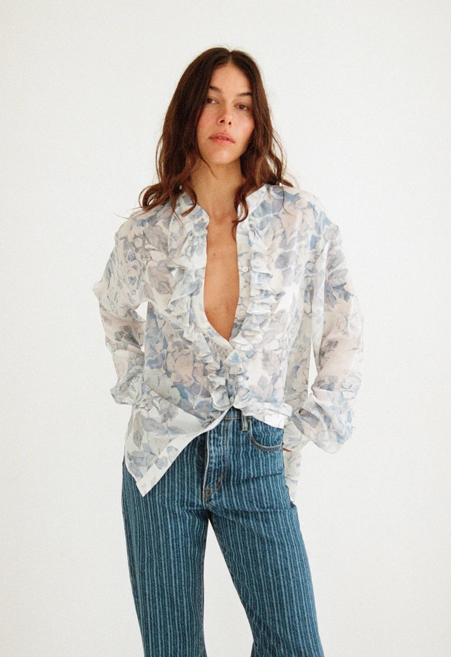 Maggie Marilyn For the Frill of It Shirt Vintage Blue Floral