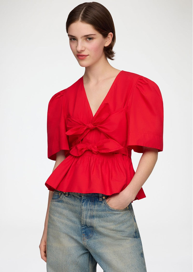 Ganni Cotton Poplin Bow Blouse Red