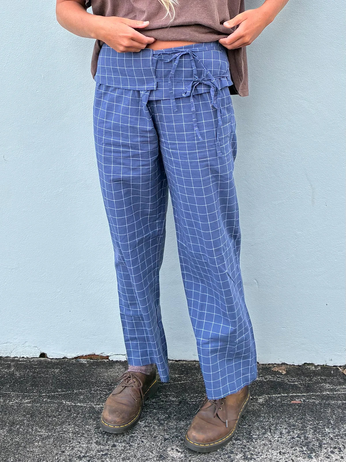 The Bare Road Mika fold pant Indigo plaid