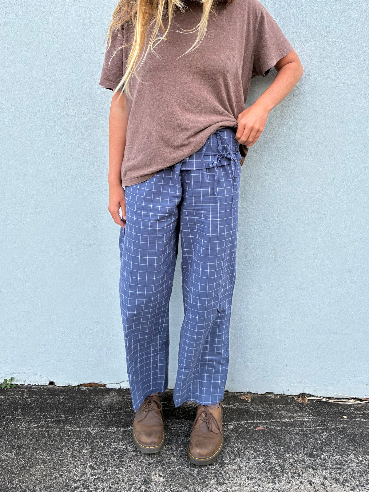 The Bare Road Mika fold pant Indigo plaid