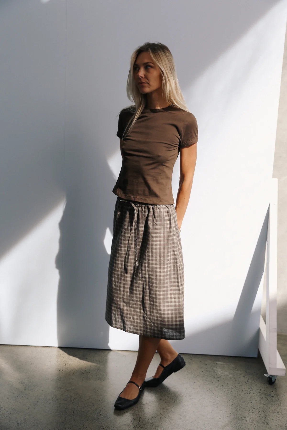 The Bare Road Remi midi Skirt Maple gingham