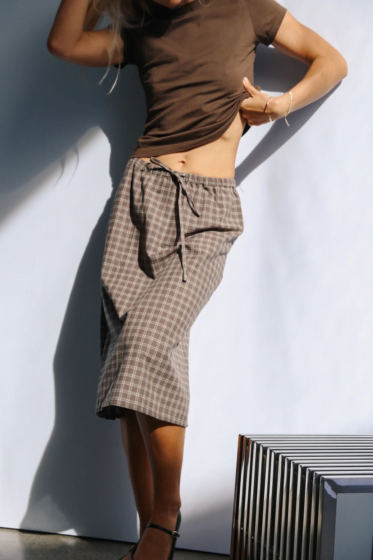 The Bare Road Remi midi Skirt Maple gingham