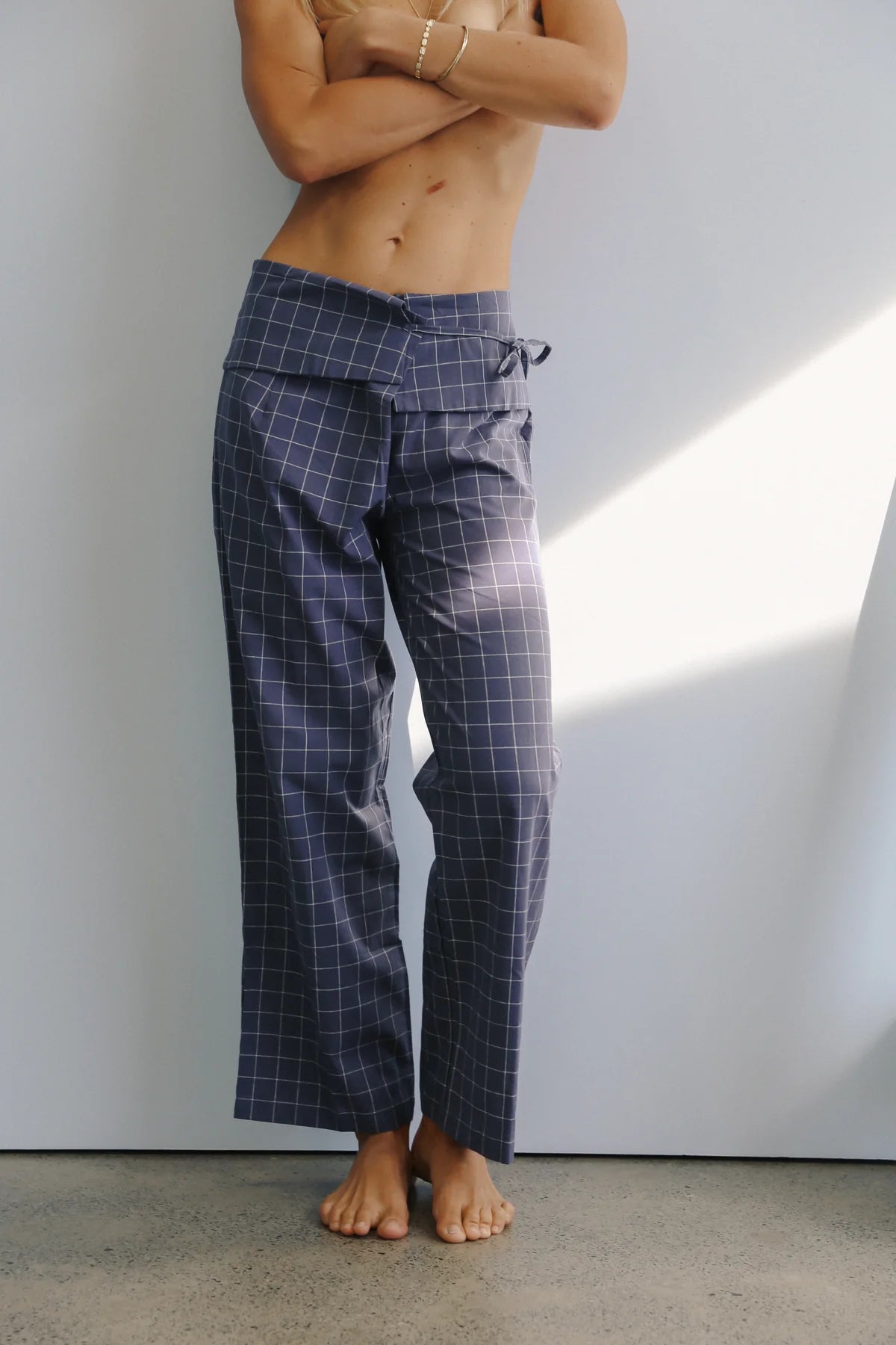 The Bare Road Mika fold pant Indigo plaid