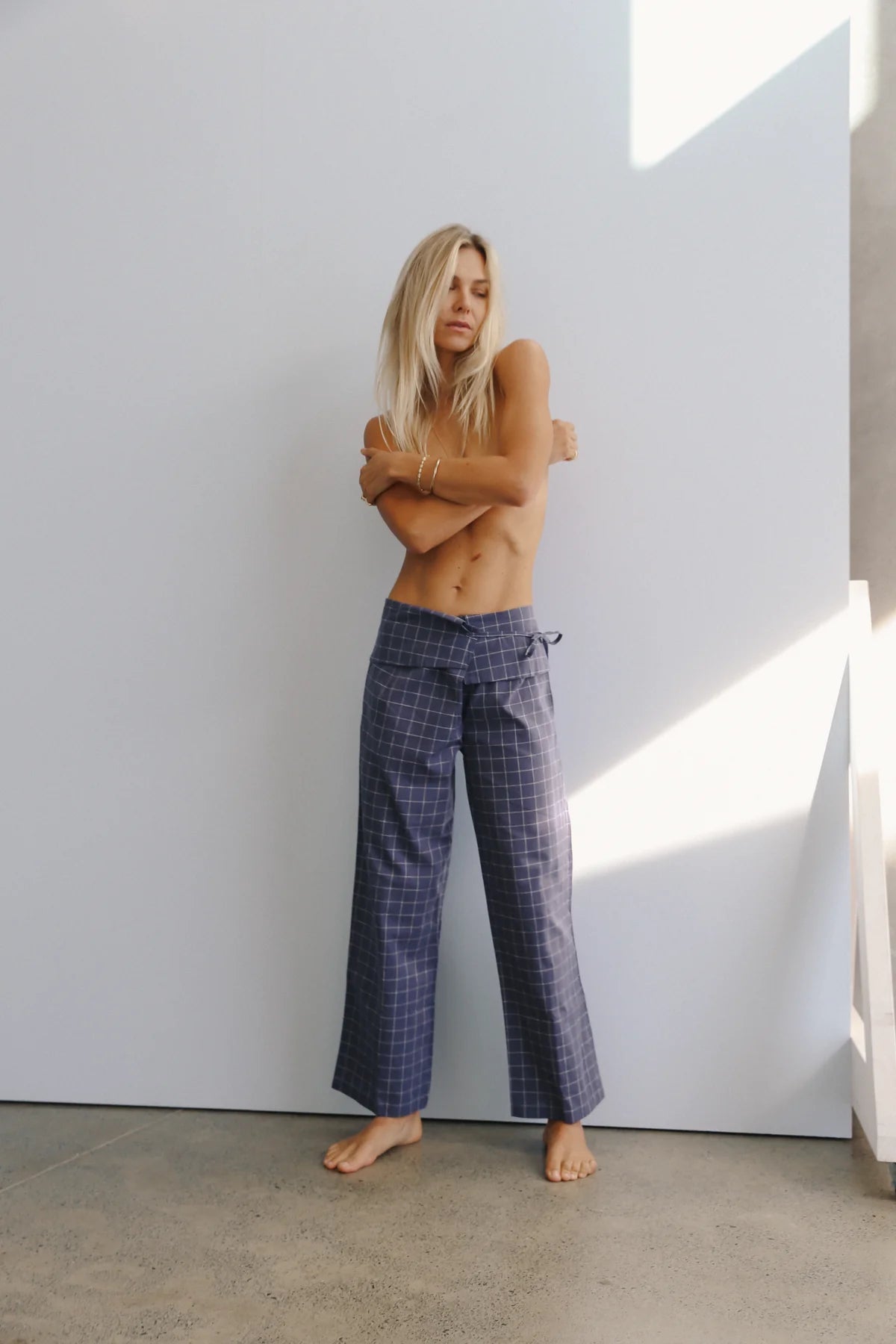 The Bare Road Mika fold pant Indigo plaid