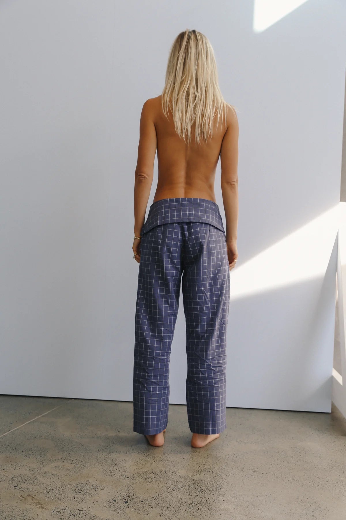 The Bare Road Mika fold pant Indigo plaid