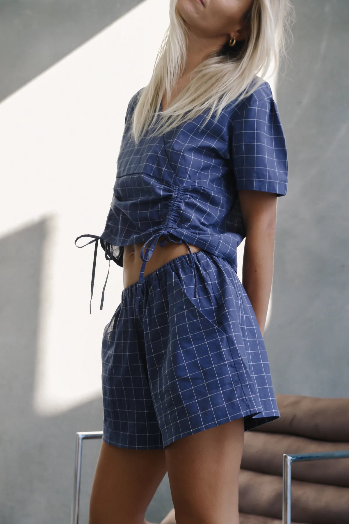 The Bare Road Hana Tie Blouse Indigo Plaid