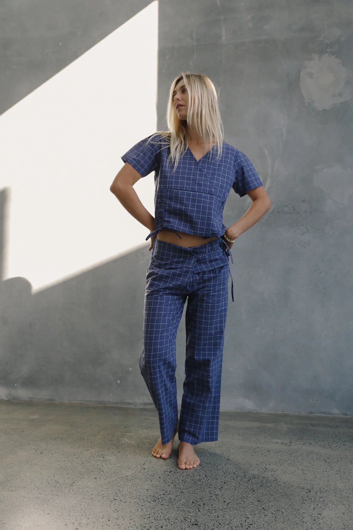 The Bare Road Mika fold pant Indigo plaid