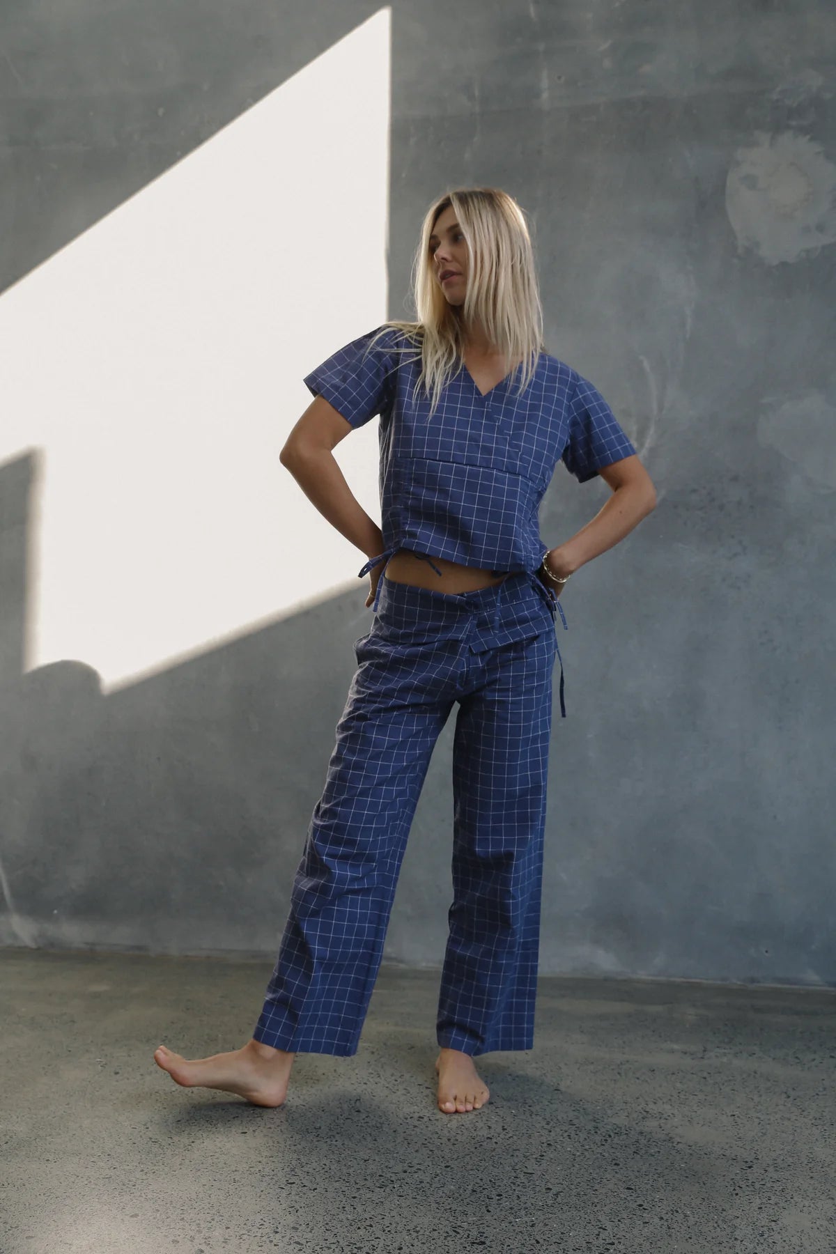 The Bare Road Hana Tie Blouse Indigo Plaid