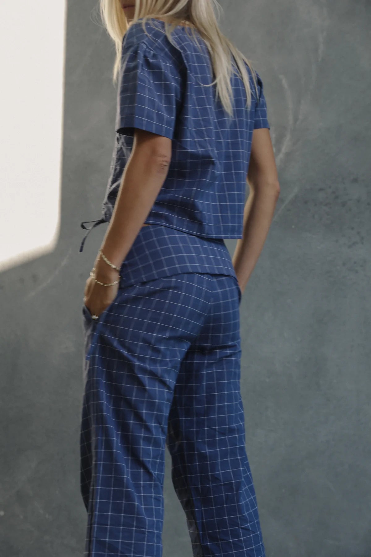 The Bare Road Mika fold pant Indigo plaid