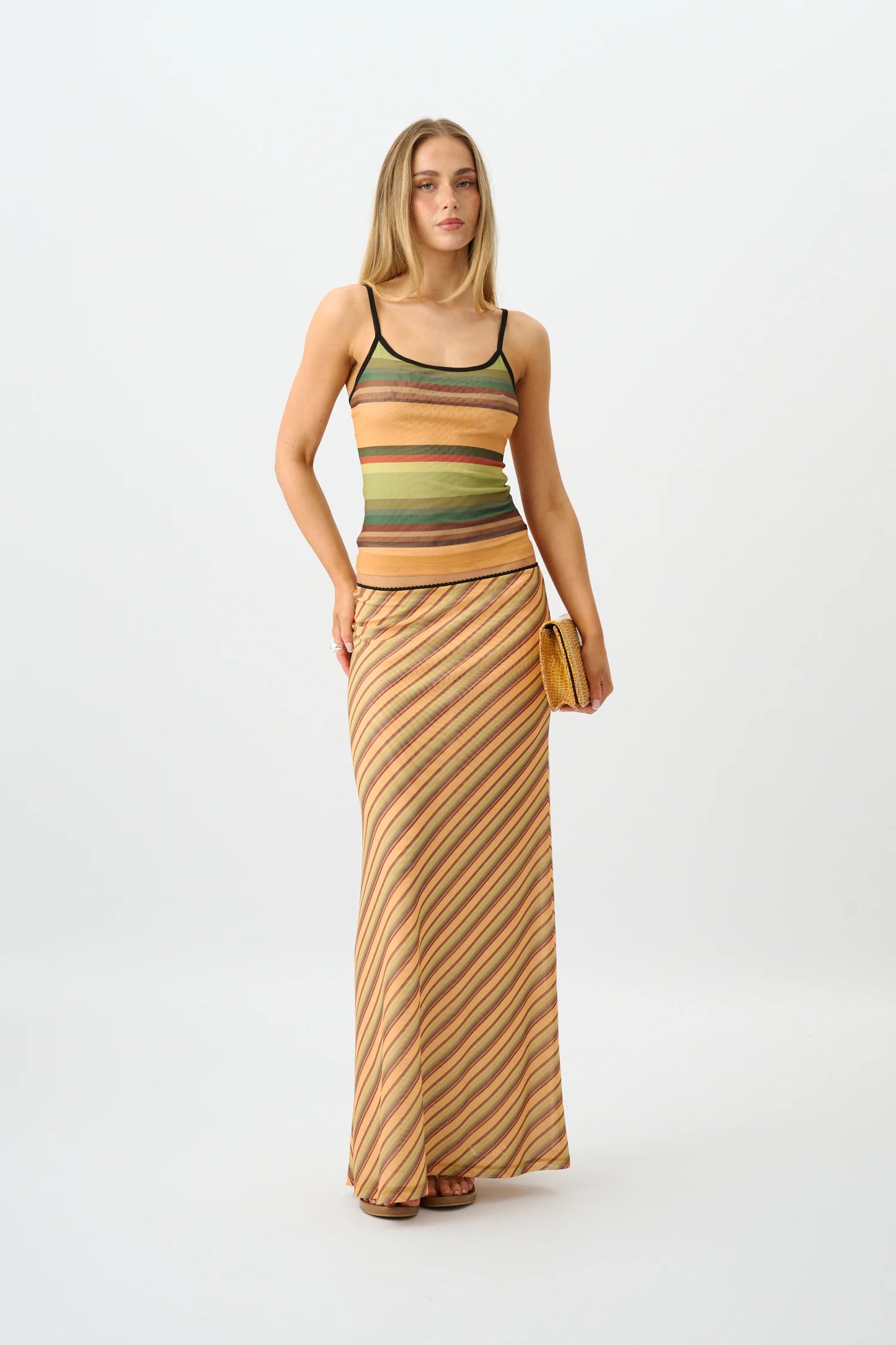 With Harper Lu Mesh Maxi Skirt Gold stripe