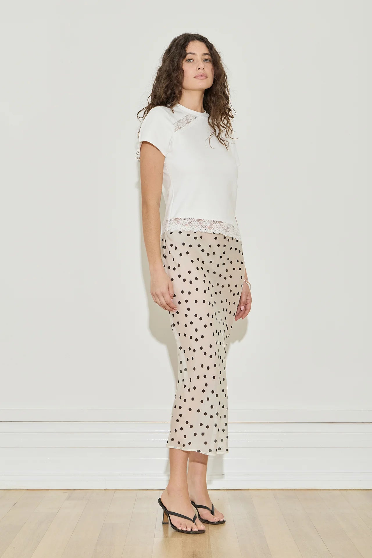 Silk Chiffon Midi Skirt Polka Dot