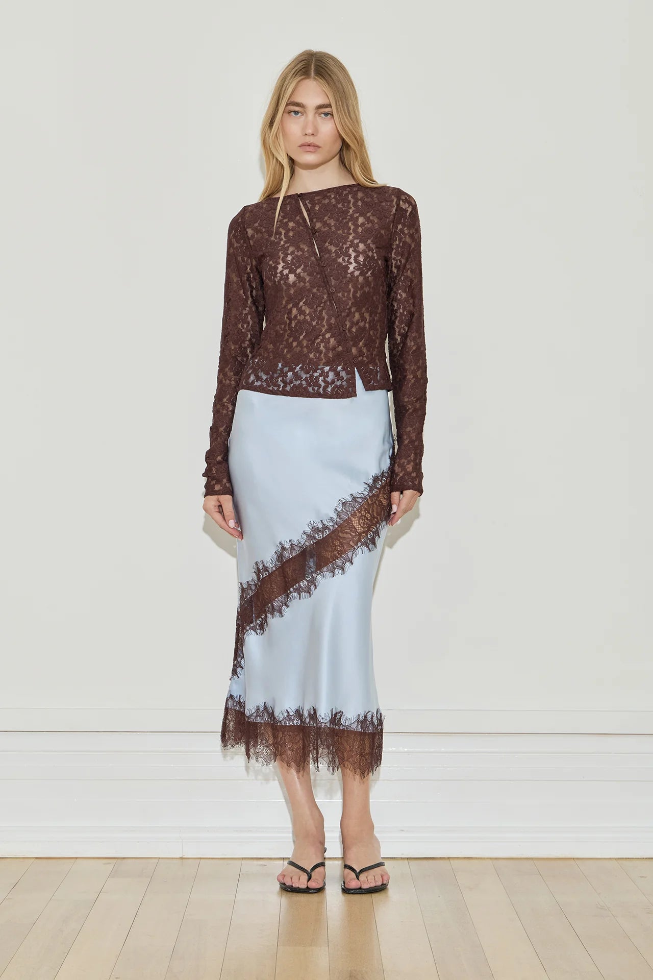 Silk Lace Midi Skirt Blue Chocolate