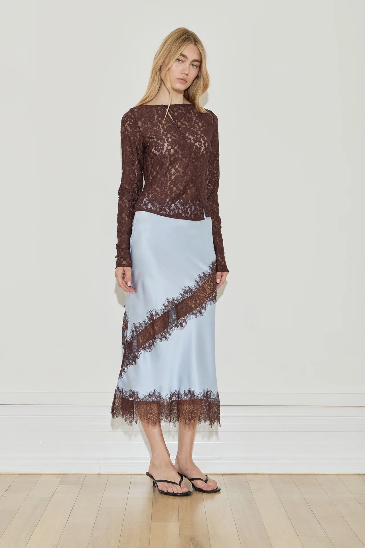 Silk Lace Midi Skirt Blue Chocolate