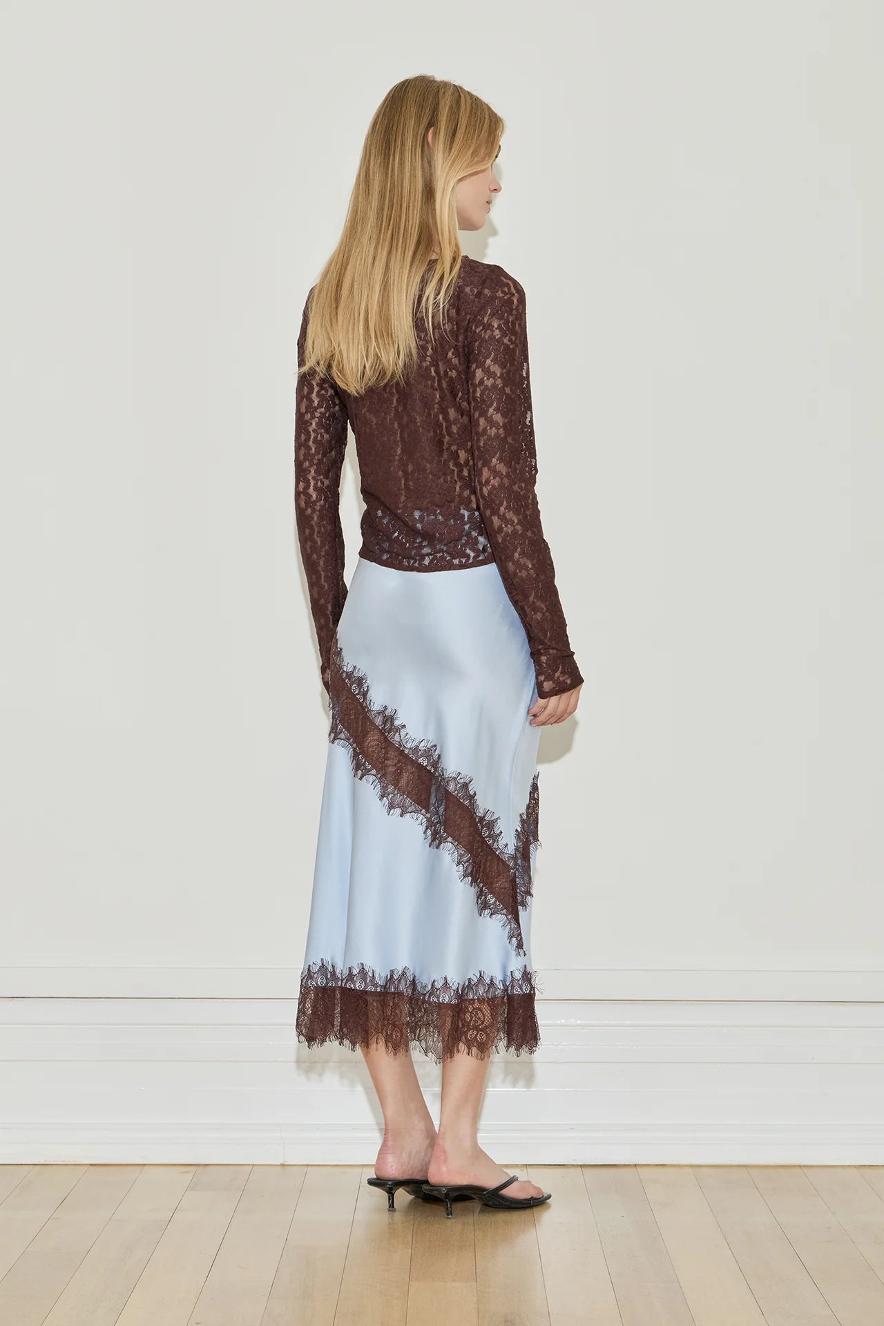 Silk Lace Midi Skirt Blue Chocolate