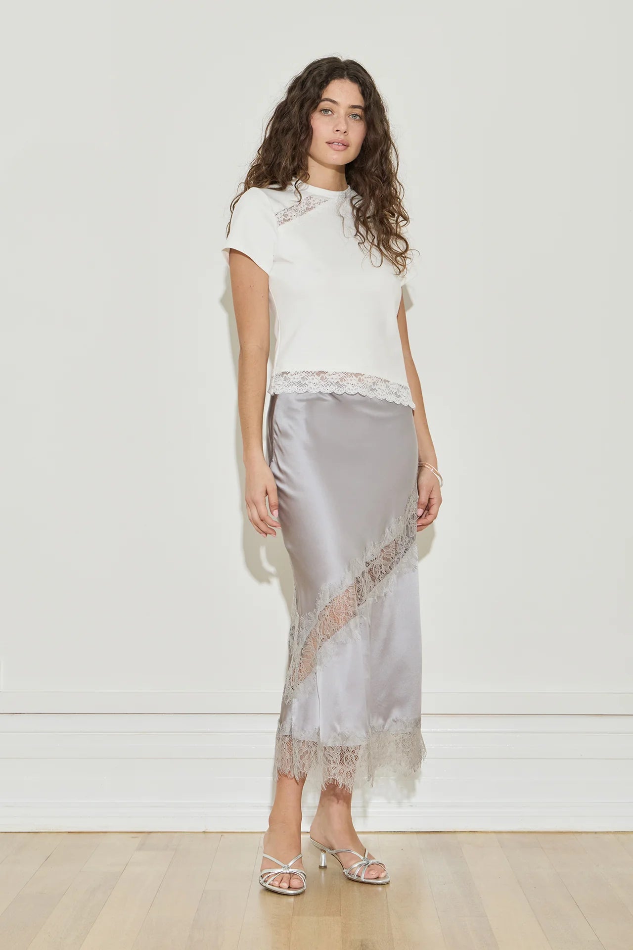 Silk Lace Midi Skirt Silver