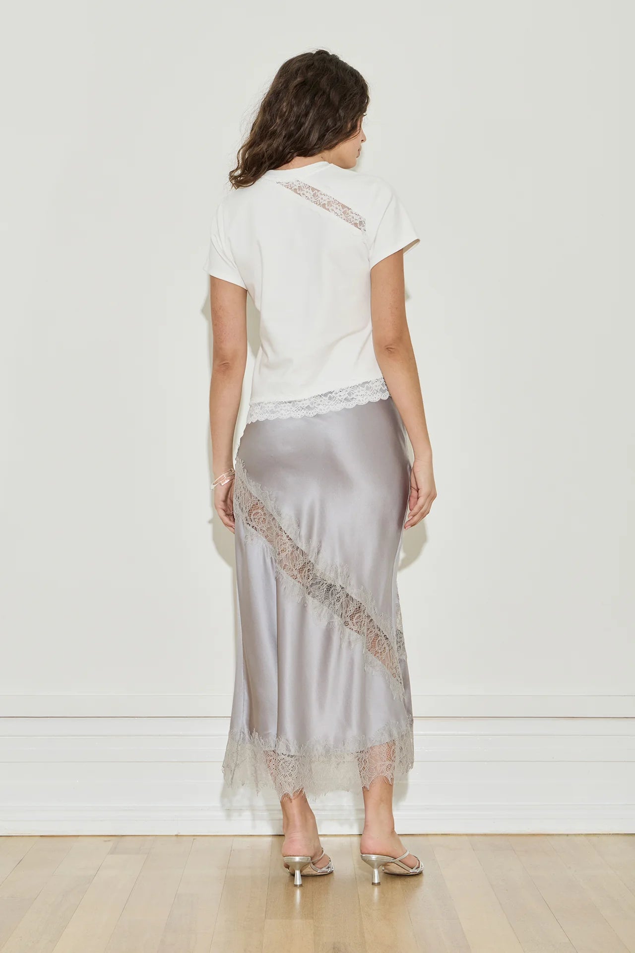 Silk Lace Midi Skirt Silver