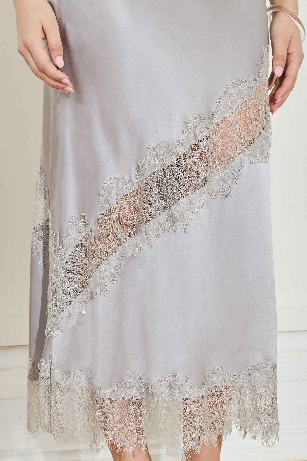 Silk Lace Midi Skirt Silver