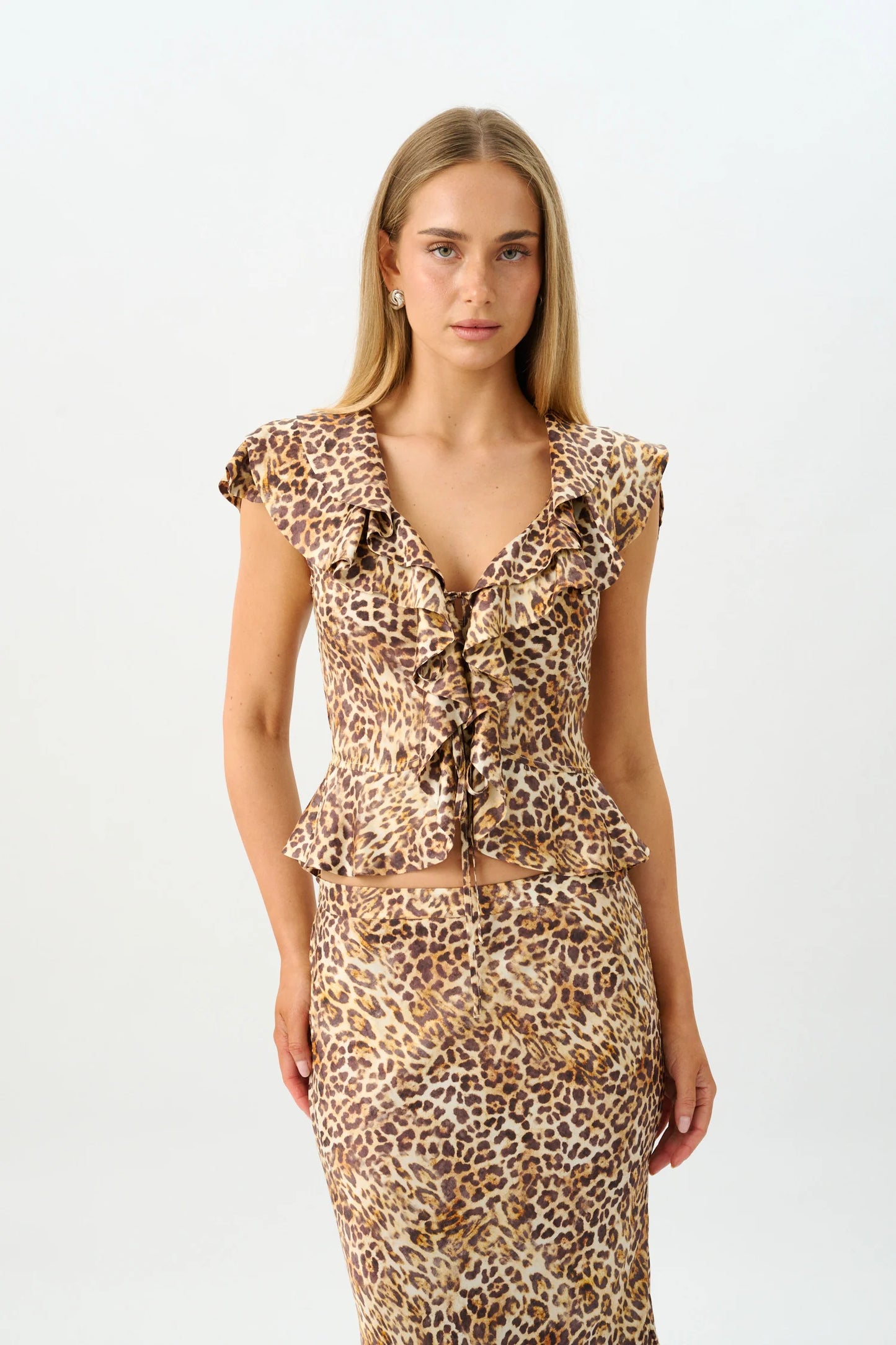 With Harper Lu Frill Cap Sleeve Cardigan Silk Leopard