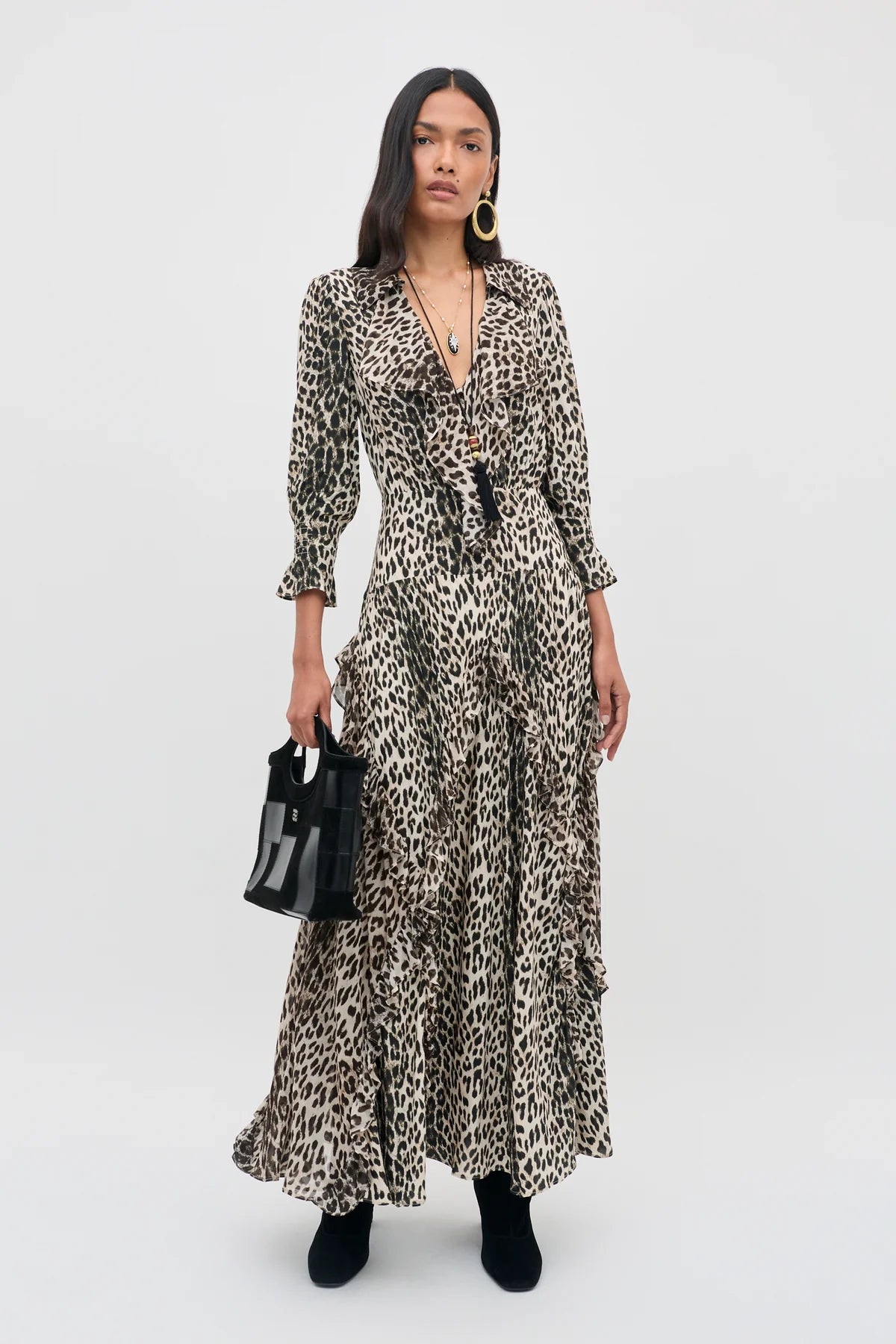Rixo Rosanna Crepe de Chine Midi Dress Nina Leopard Mocha