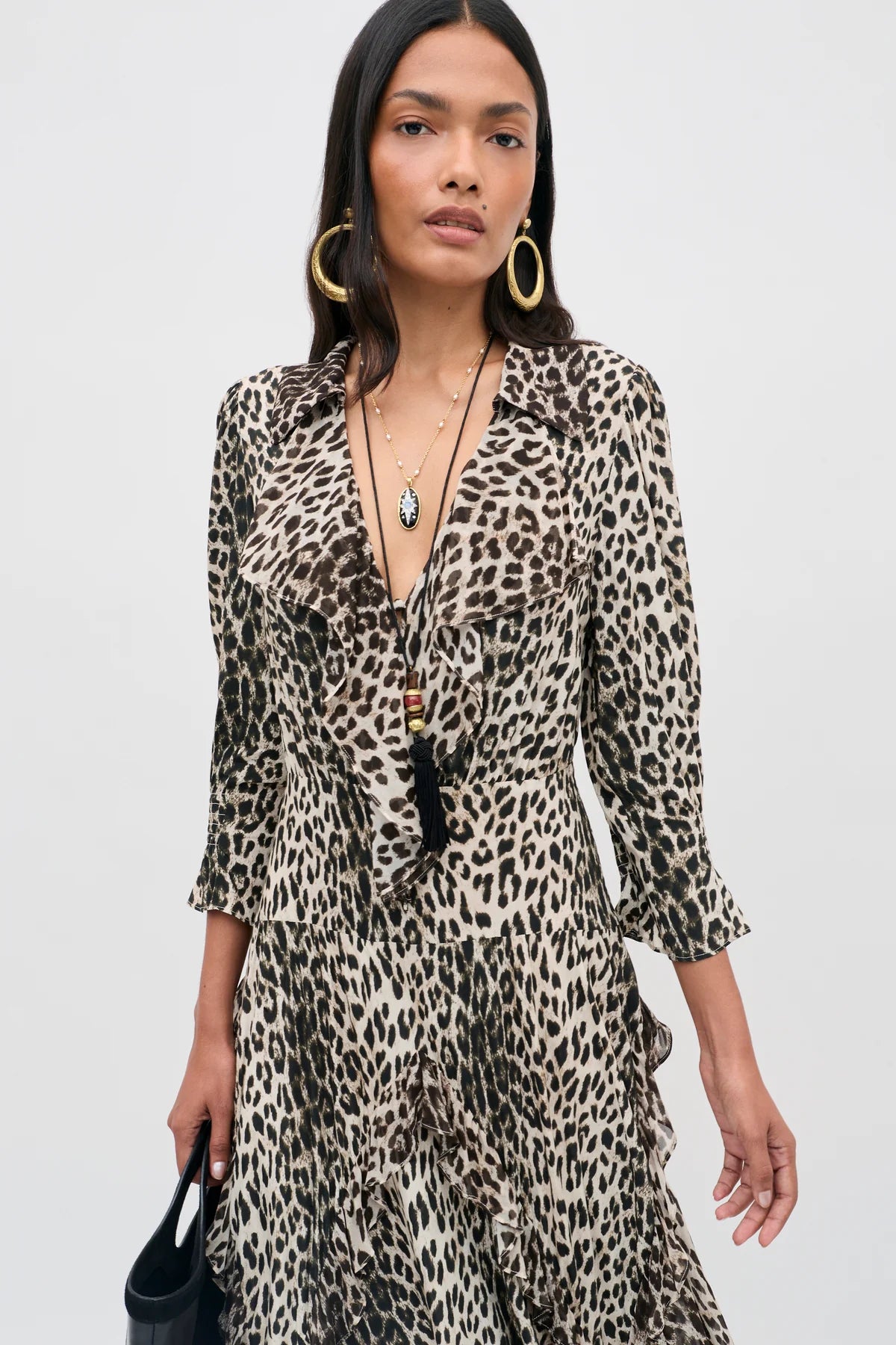 Rixo Rosanna Crepe de Chine Midi Dress Nina Leopard Mocha