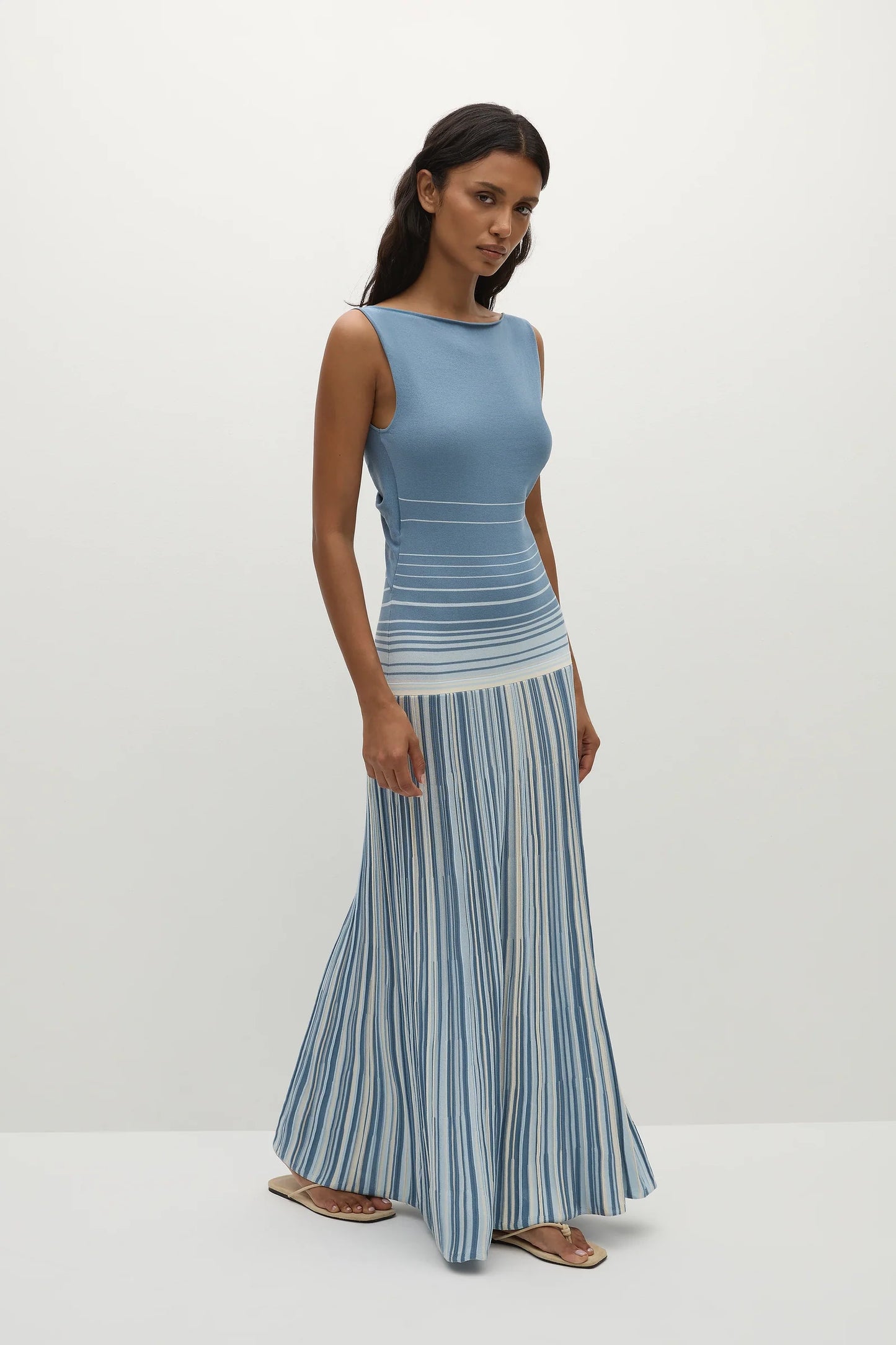Xyla Maxi Dress Accordion Stripe Mineral Blue