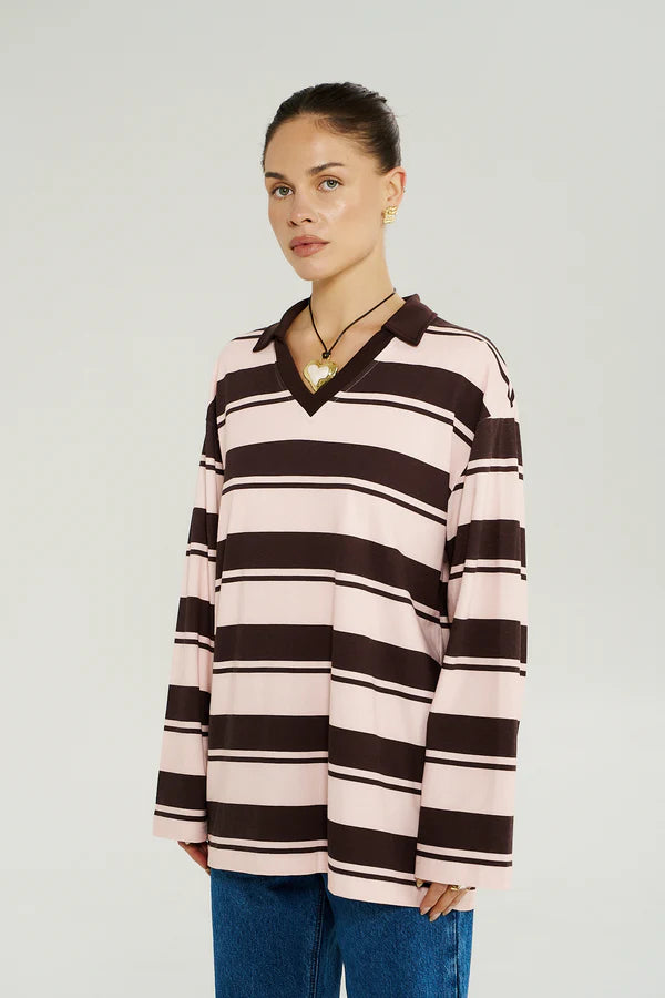Long Sleeve Polo Choc Rose Stripe