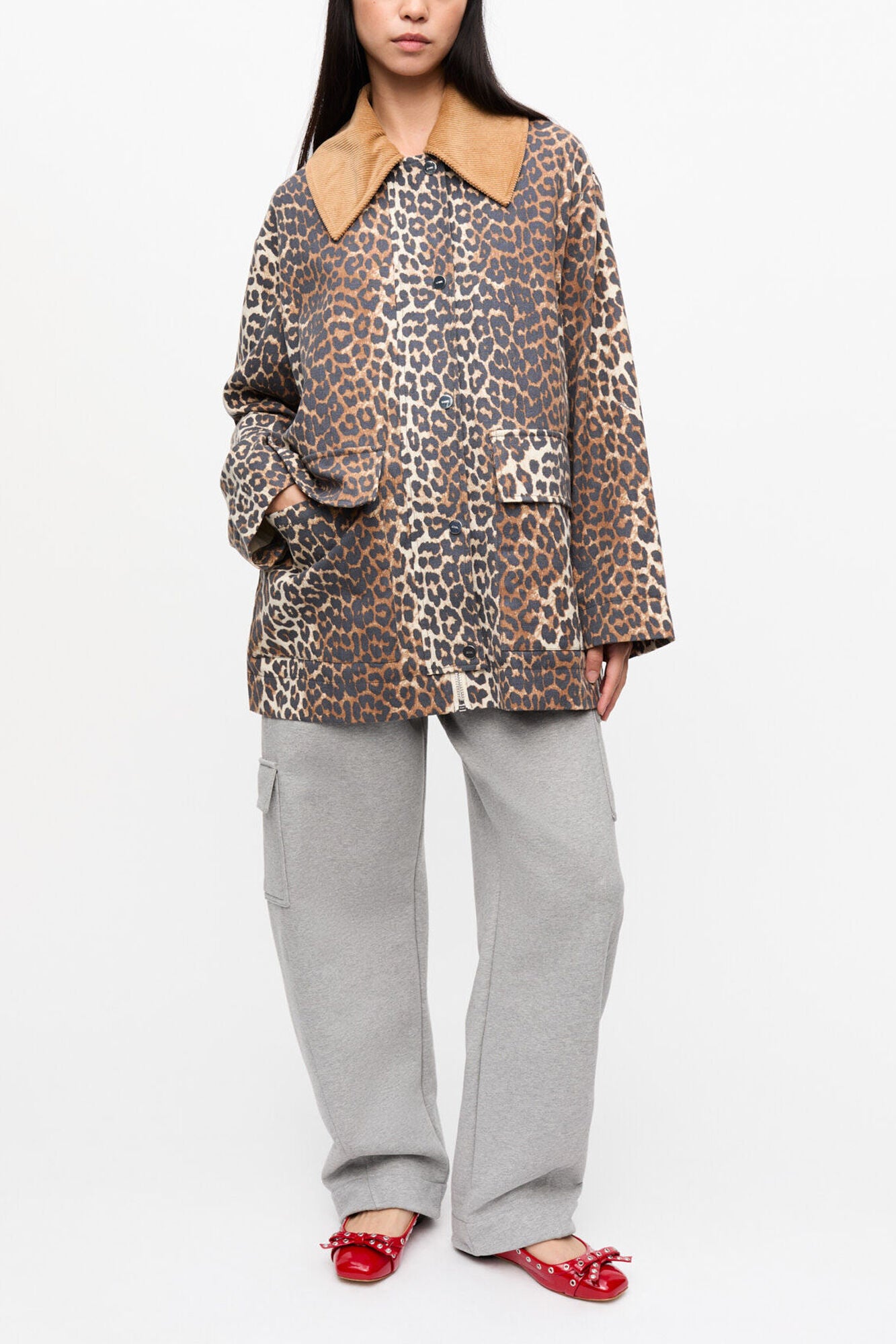 Leopard Printed Canvas Midi Jacket