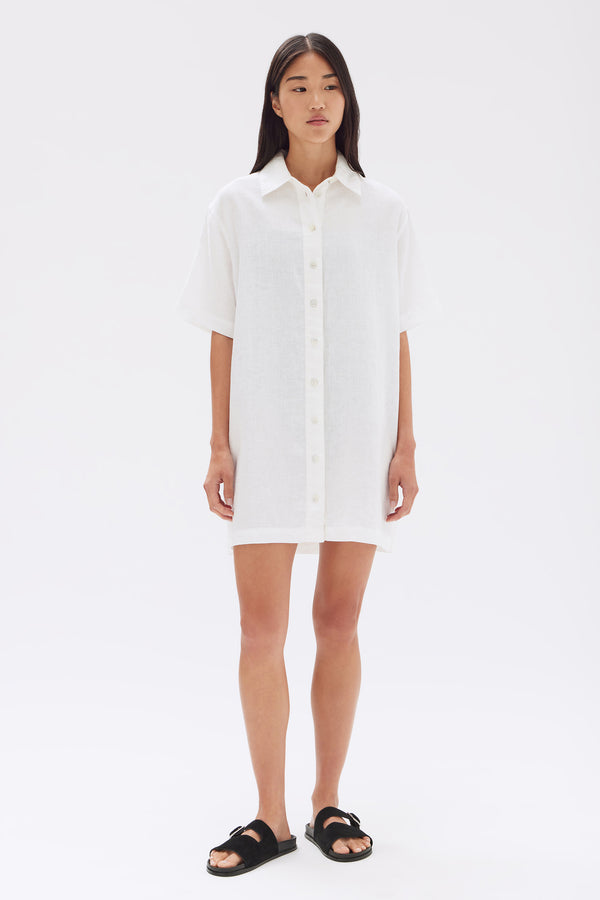 Louise Linen Mini Shirt Dress White