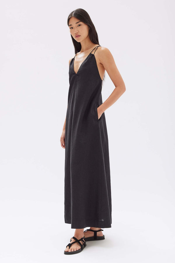 Fiona Linen Midi Dress Black