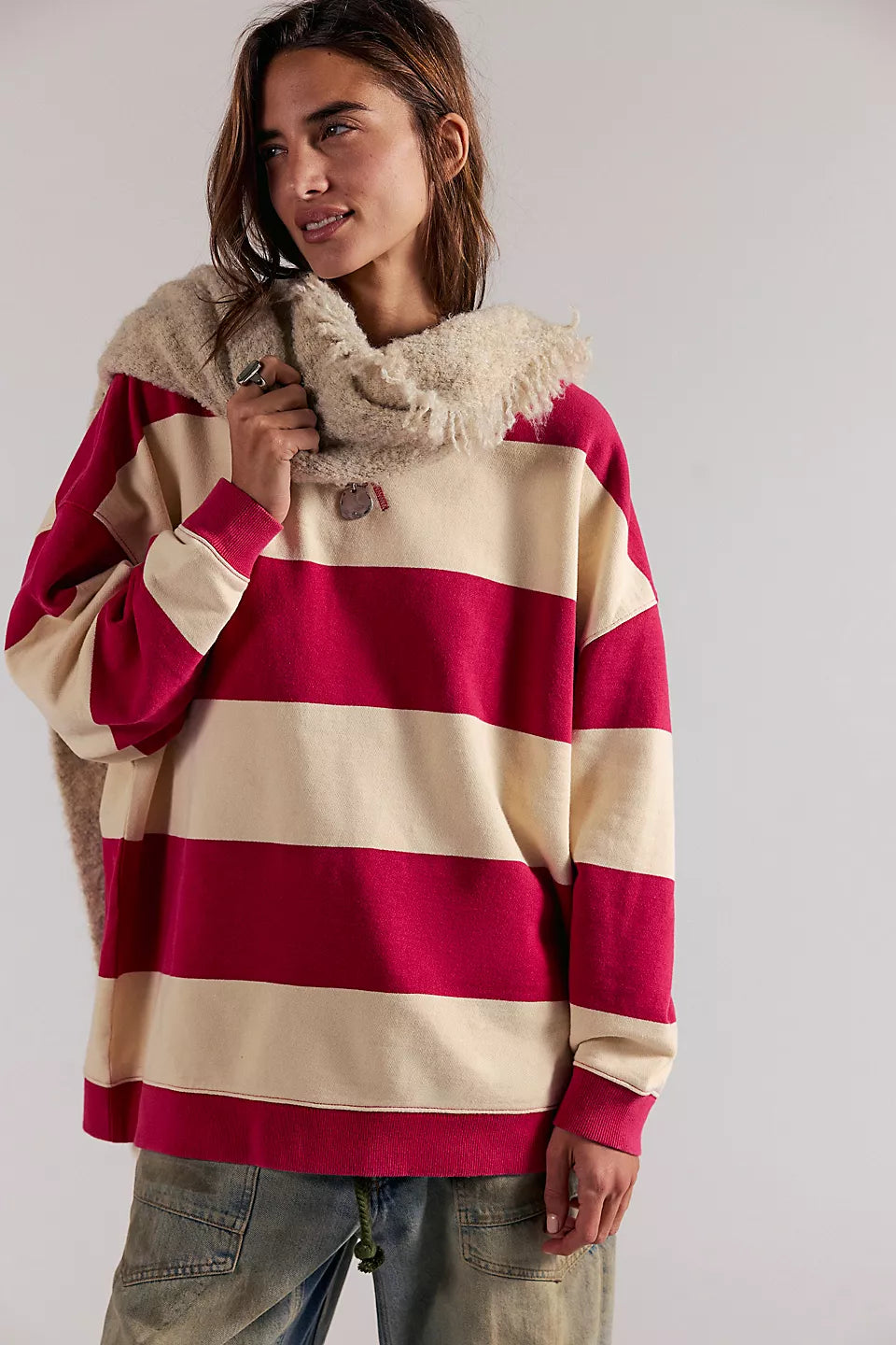 Free people Classic Striped Oversized Crewneck Cherry Combo