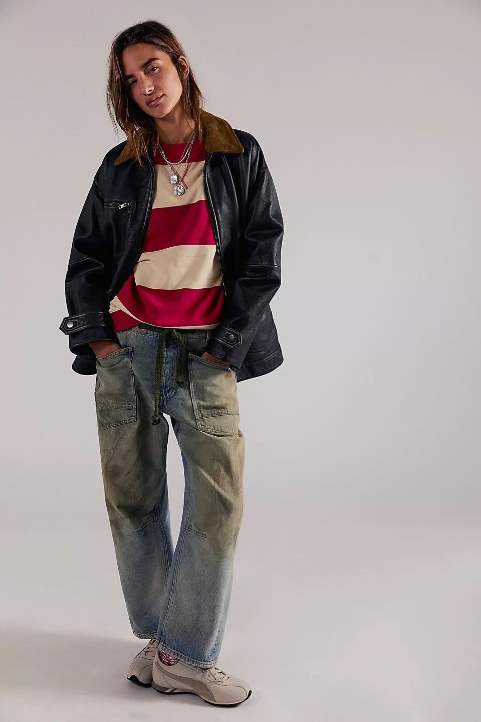 Free people Classic Striped Oversized Crewneck Cherry Combo