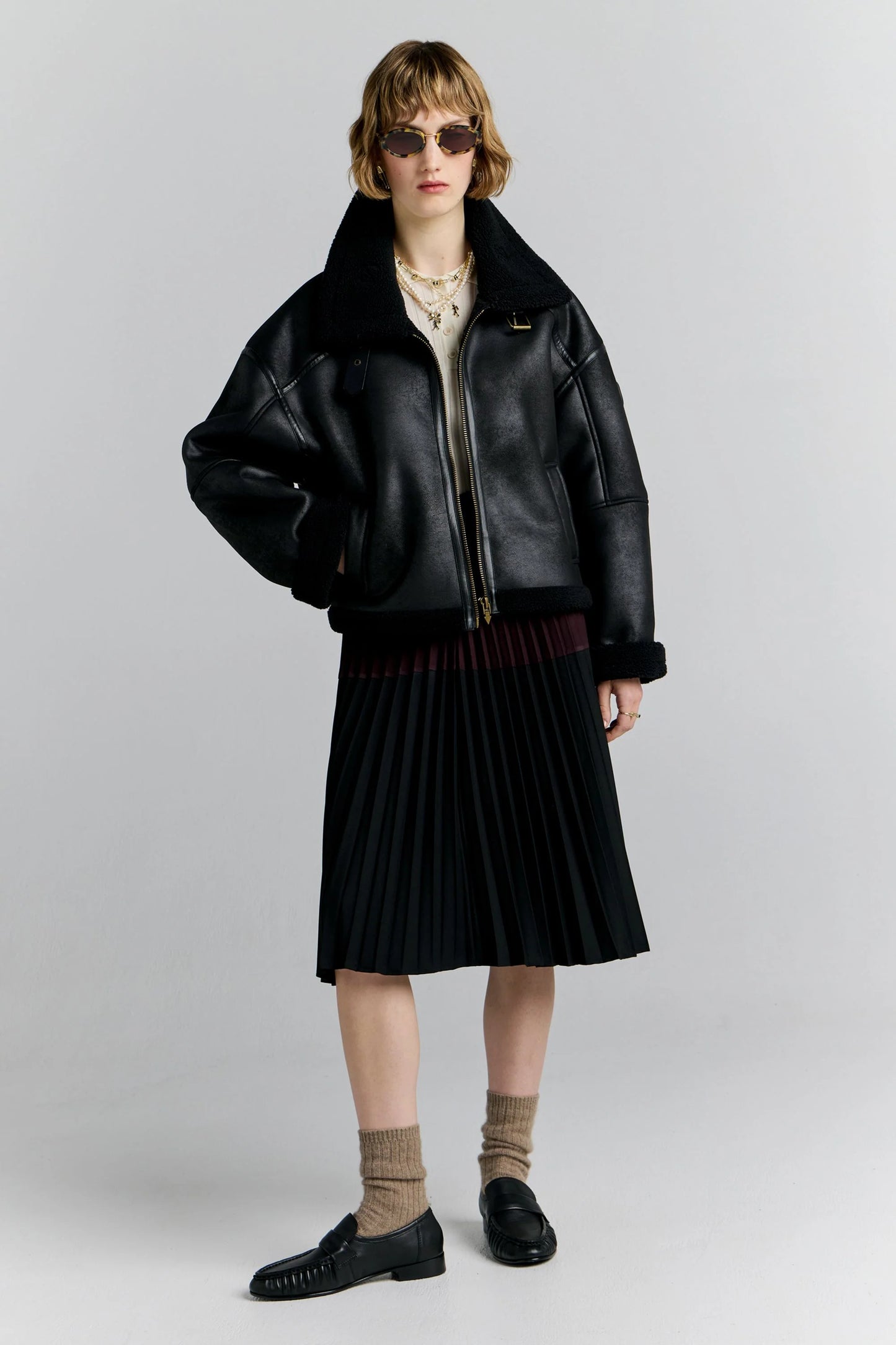 Cropped Aviator Jacket Black Brown