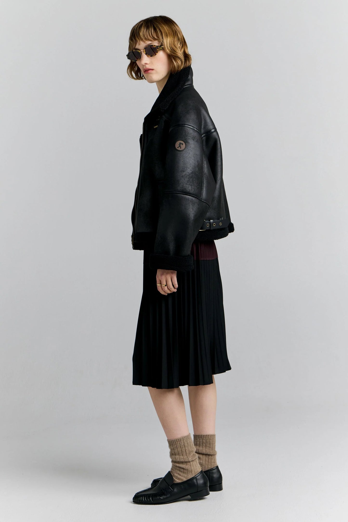 Cropped Aviator Jacket Black Brown