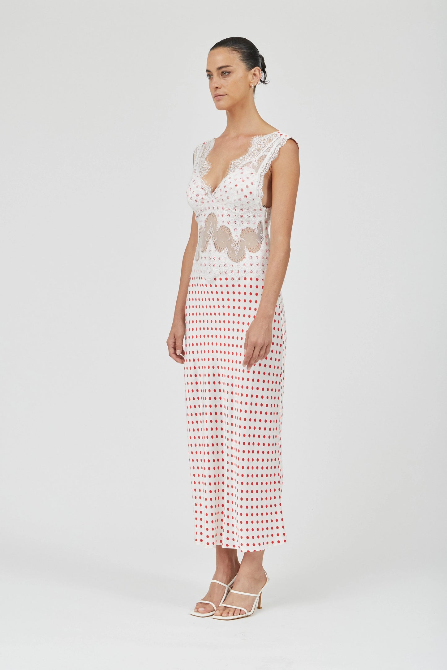 Visions Lace Deep V Maxi Dress Polka Dot