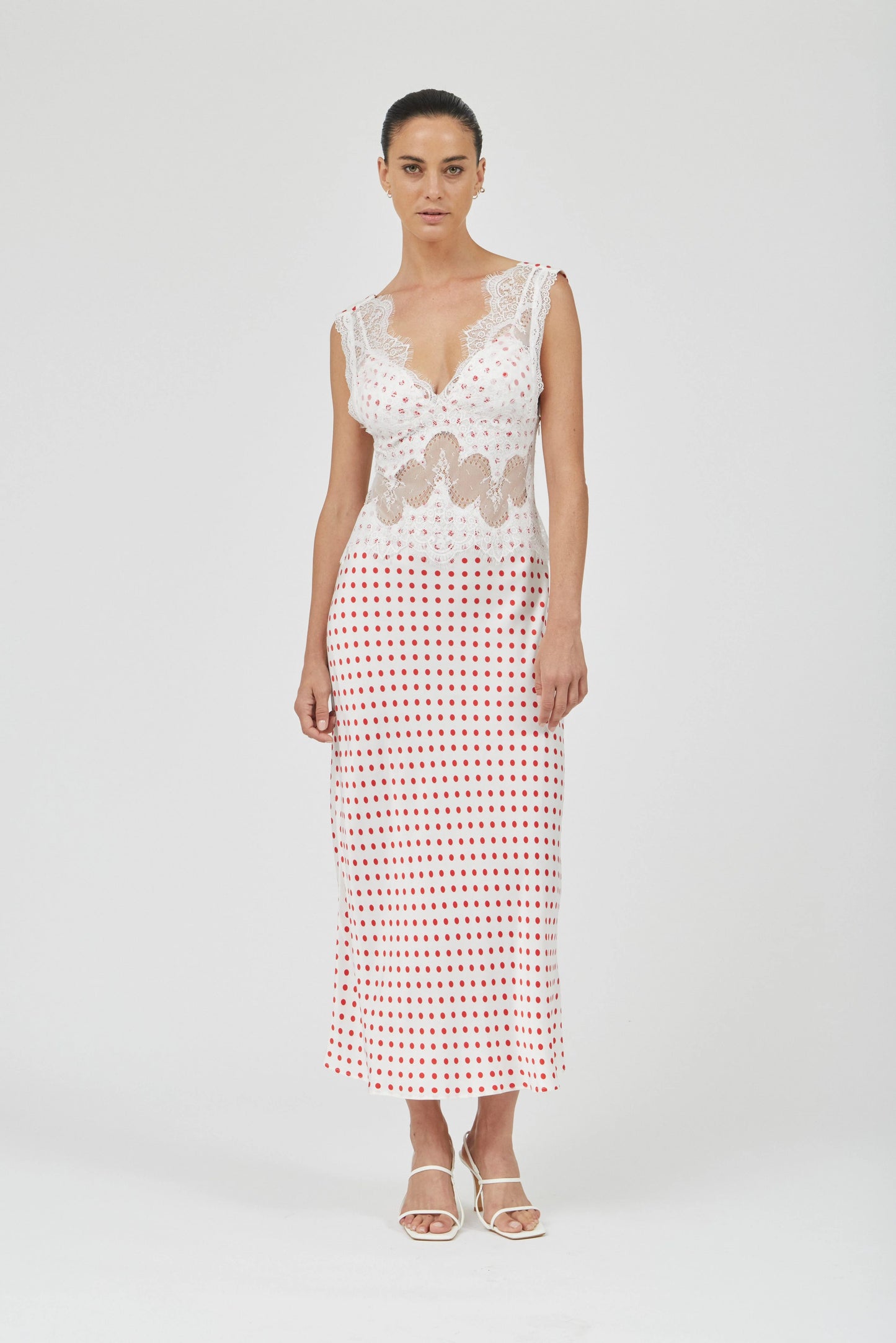 Visions Lace Deep V Maxi Dress Polka Dot