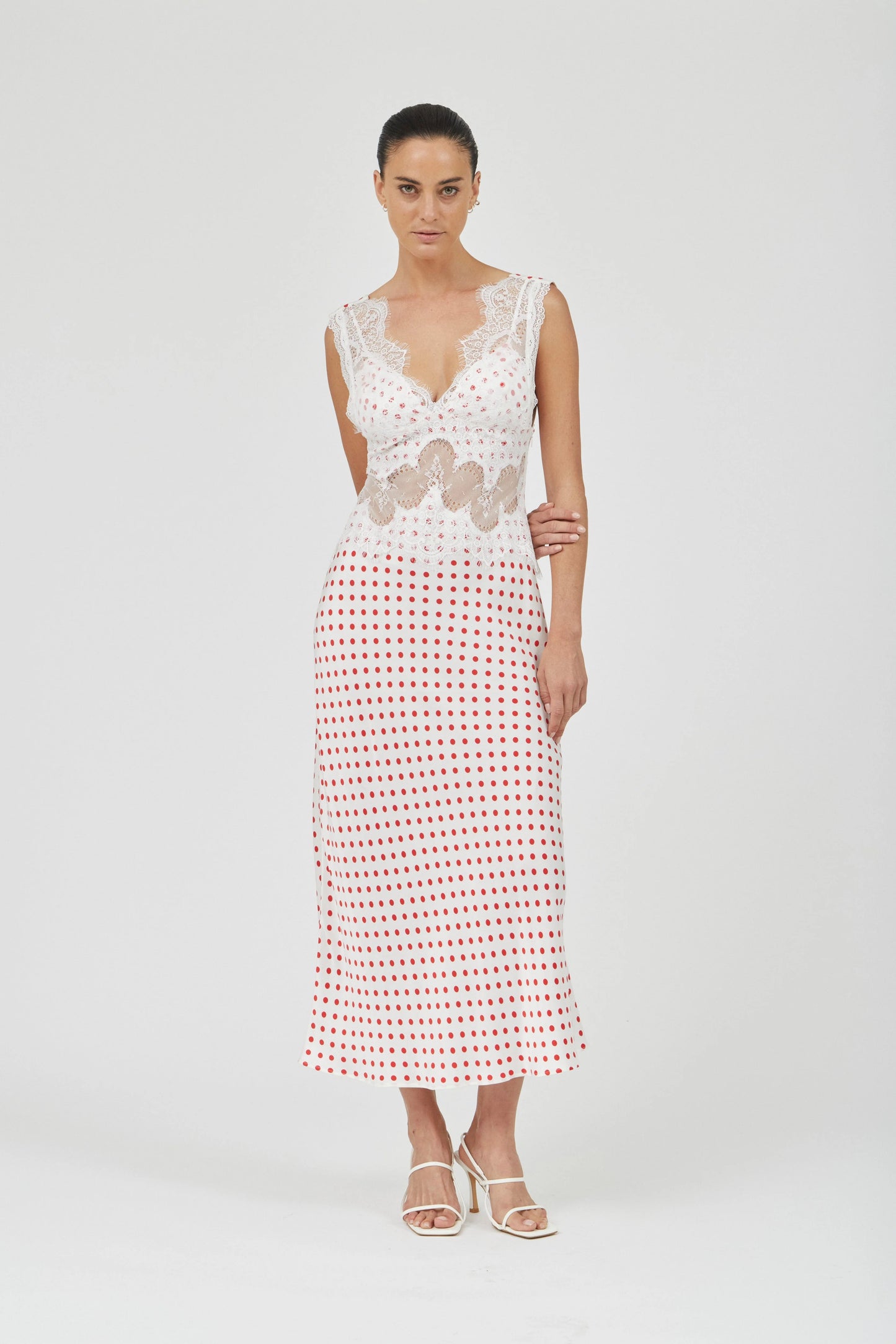 Visions Lace Deep V Maxi Dress Polka Dot