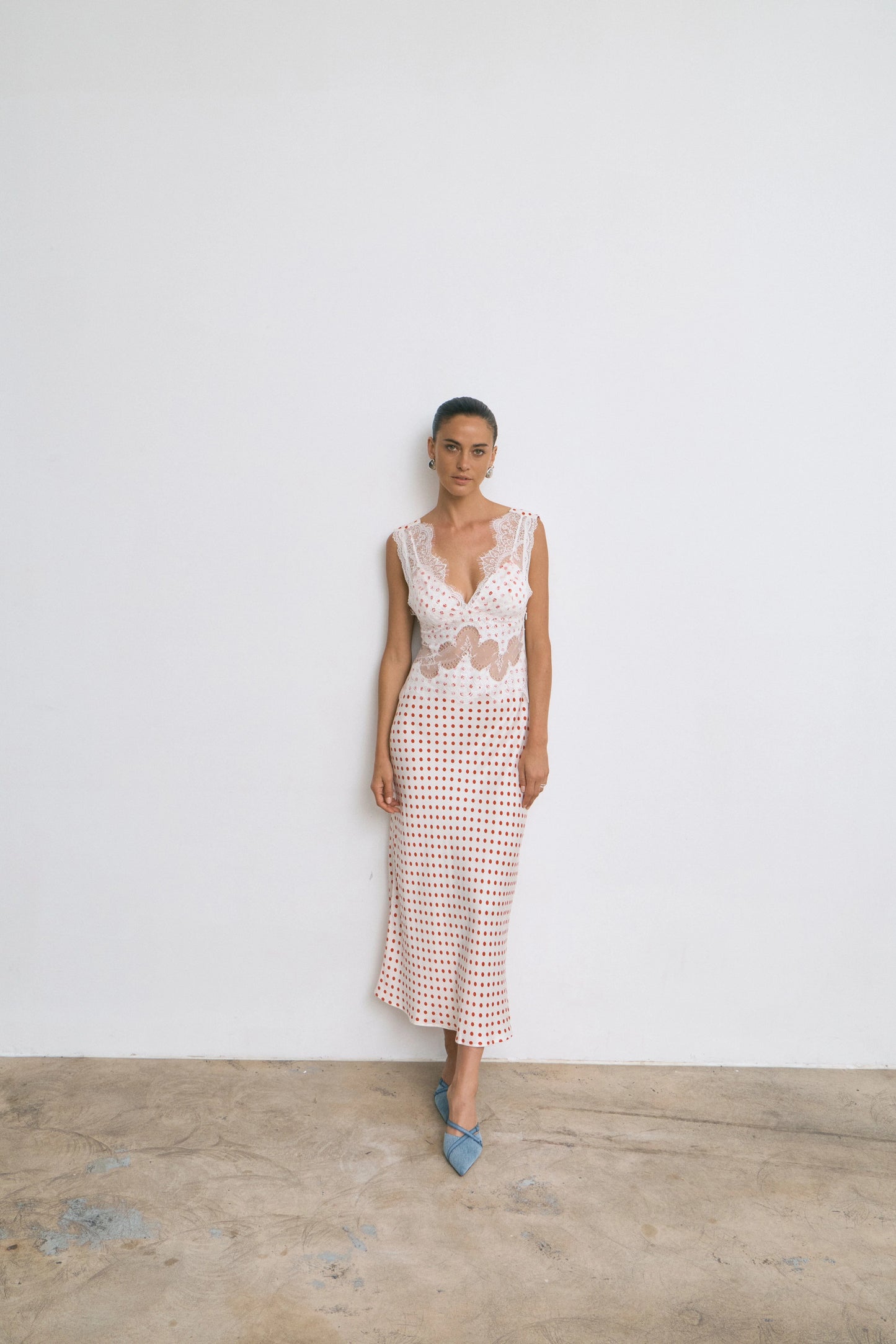 Visions Lace Deep V Maxi Dress Polka Dot