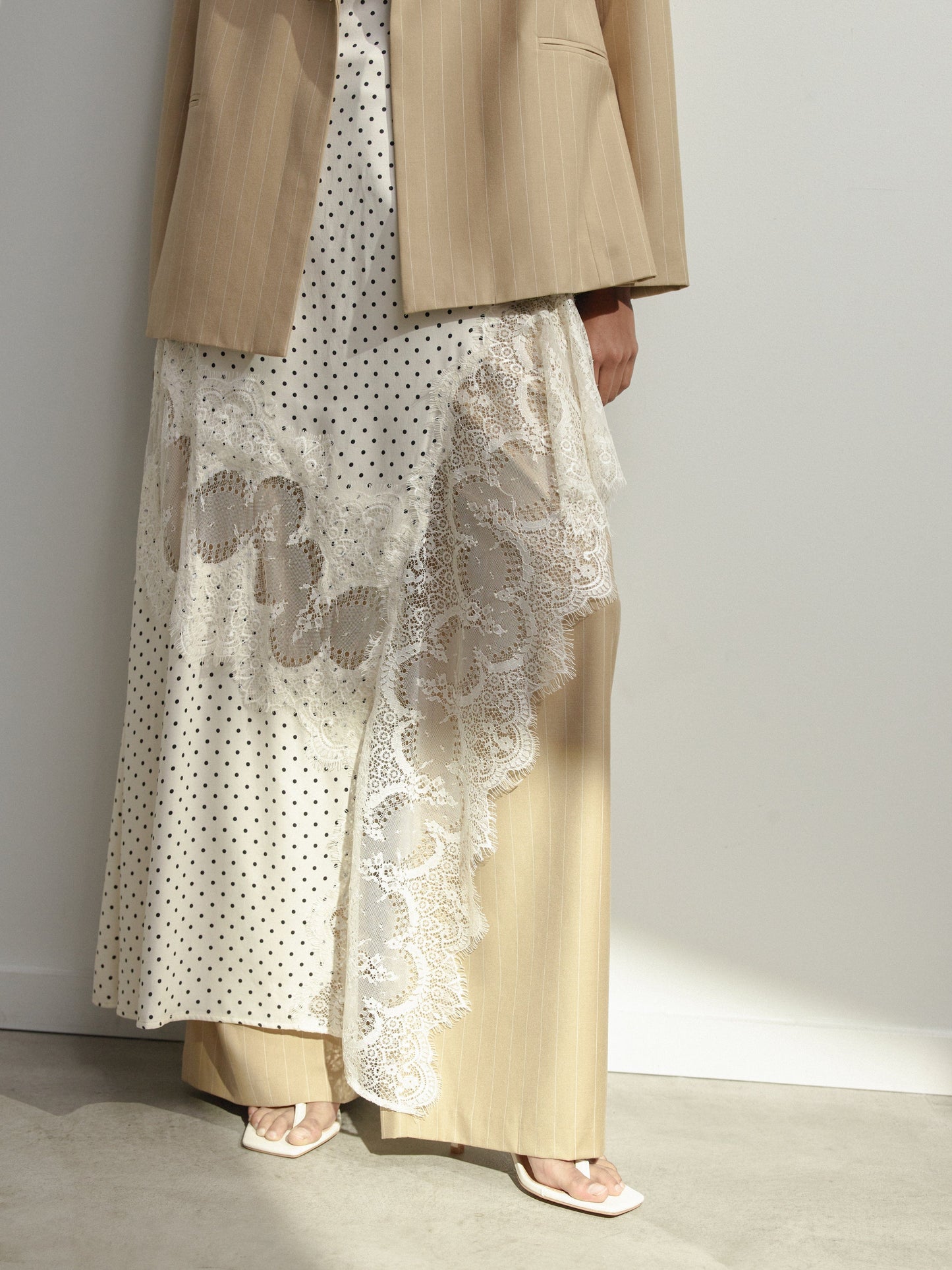 Visions Lace Frill Dress Cream Polka Dot