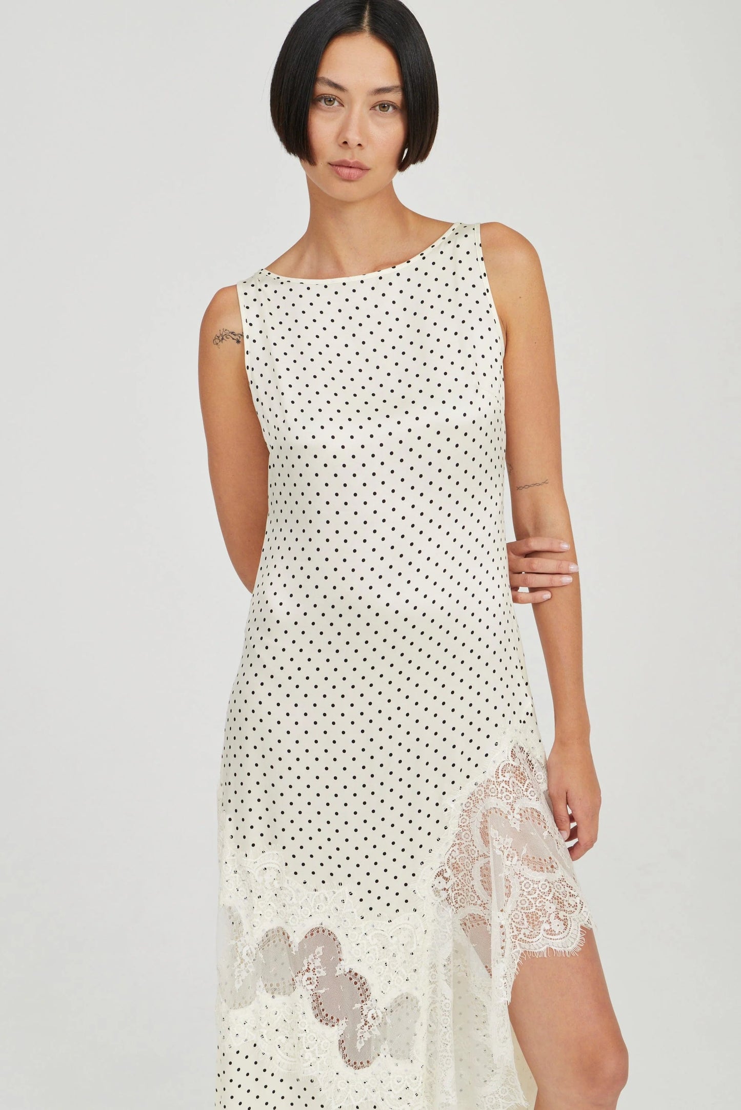 Visions Lace Frill Dress Cream Polka Dot