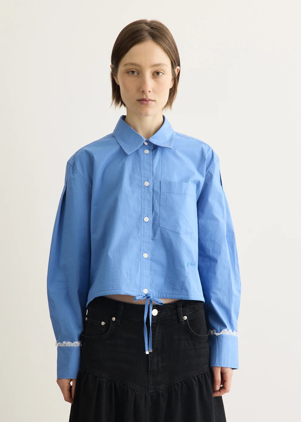 Ganni Stretch Cotton Cropped Bowling Shirt